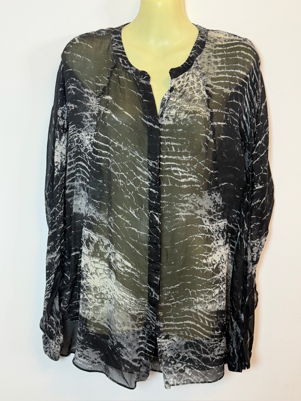 Lola & Sophie Black and White Sheer Patterned Button Down Silk Blouse